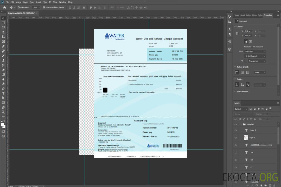 Facture commerciale de service public de Water Corporation WA, SCR template Facture commerciale de service public de Water Corporation WA, SCR template